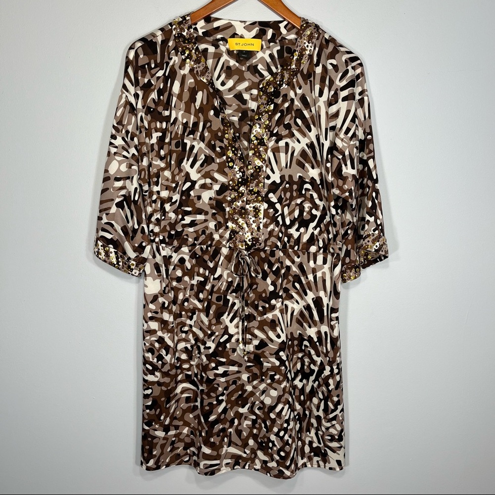 St. John Tunic Dress Womens P Brown Geometric Print Embellished Silk Blend